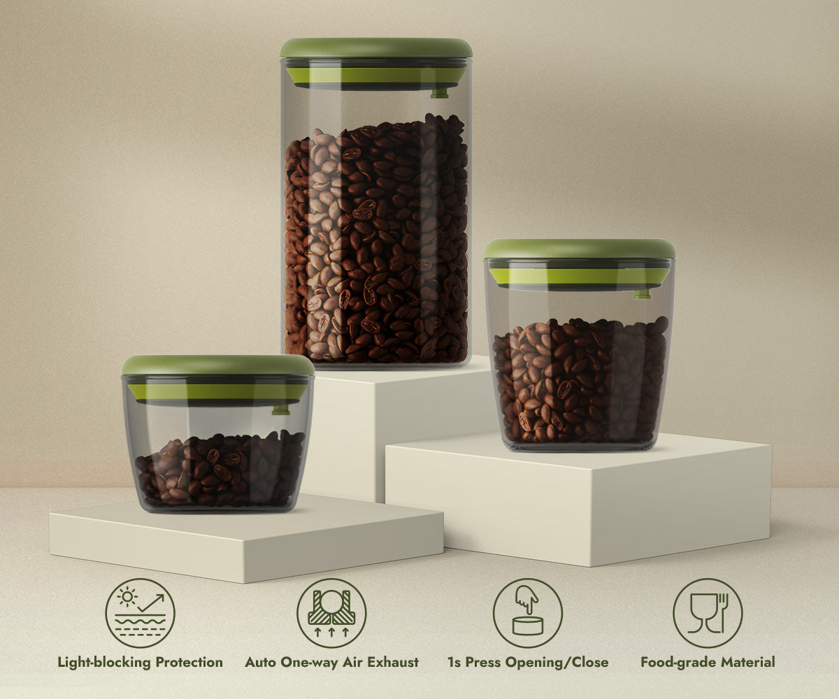 iKoffy FreshGuard Coffee Canister in 400ml, 600ml, and 1200ml Sizes – Showcasing UV Protection, One-Way Valve, Easy Lid, and Food-Grade Materials