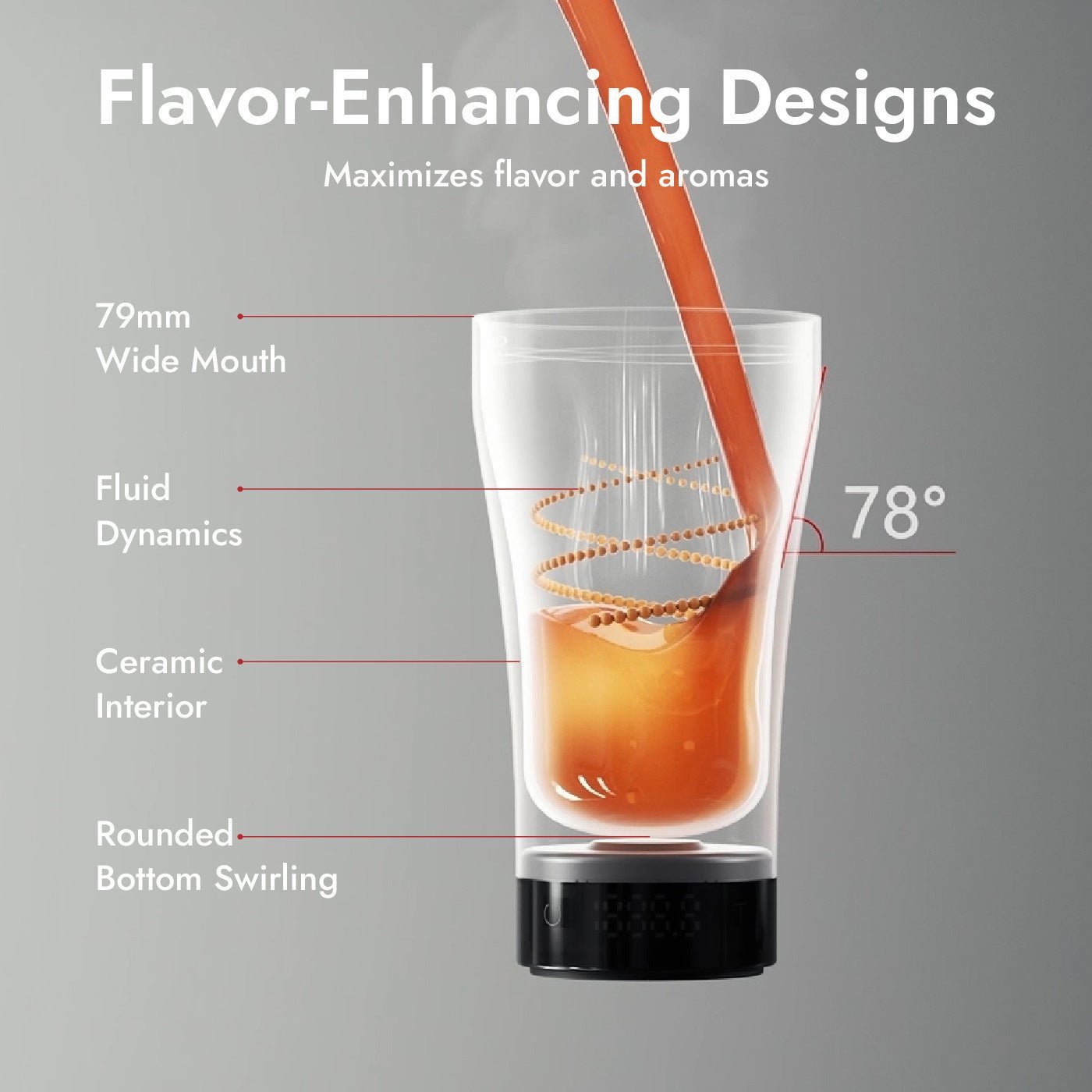 Side view of the GoBrew cup with coffee swirling inside, highlighting its rounded bottom for taste enhancement.