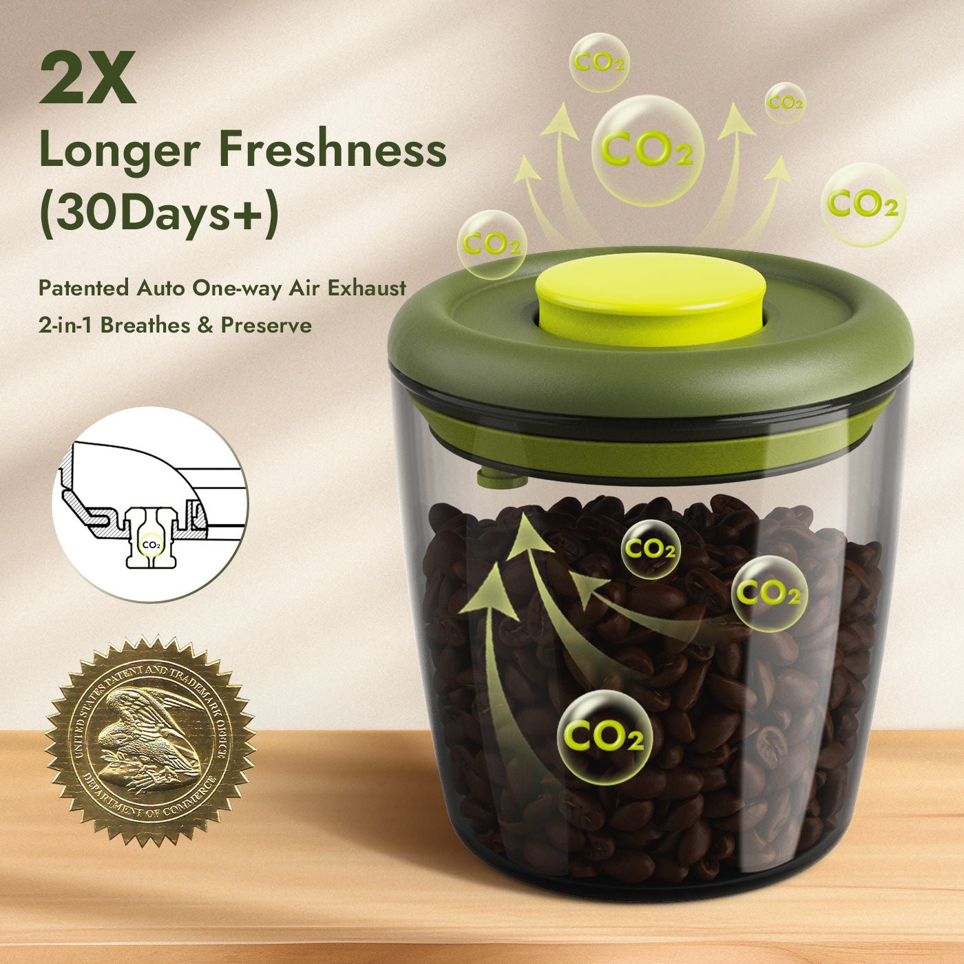 iKoffy Airtight Coffee Container with a patented one-way valve to expel CO2 and preserve freshness.