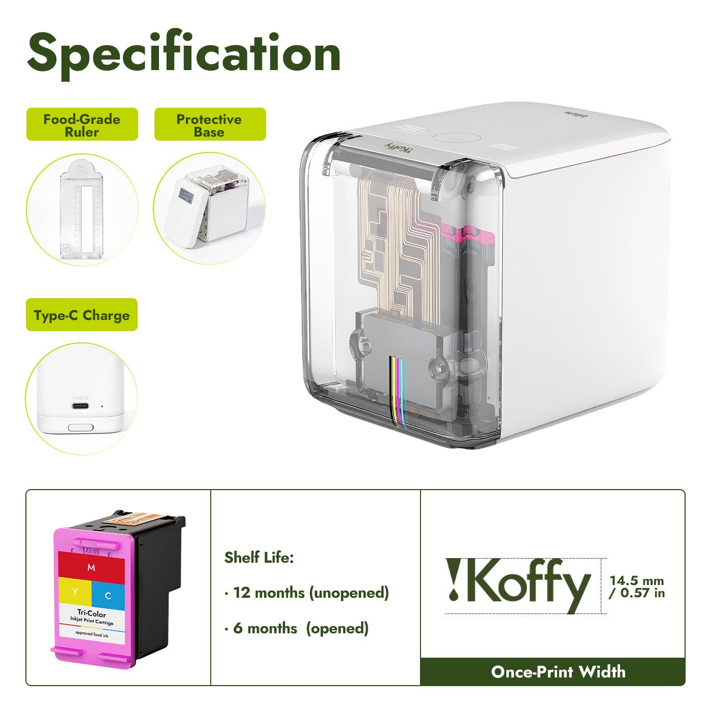 EdiLite food printer specifications showing 14.5 mm print width, Type-C charging port and protective base