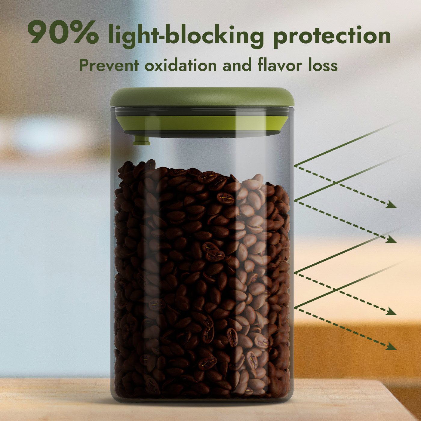iKoffy Borosilicate Glass Glass Canister with 90% light-blocking protection, safeguarding coffee beans from UV rays.