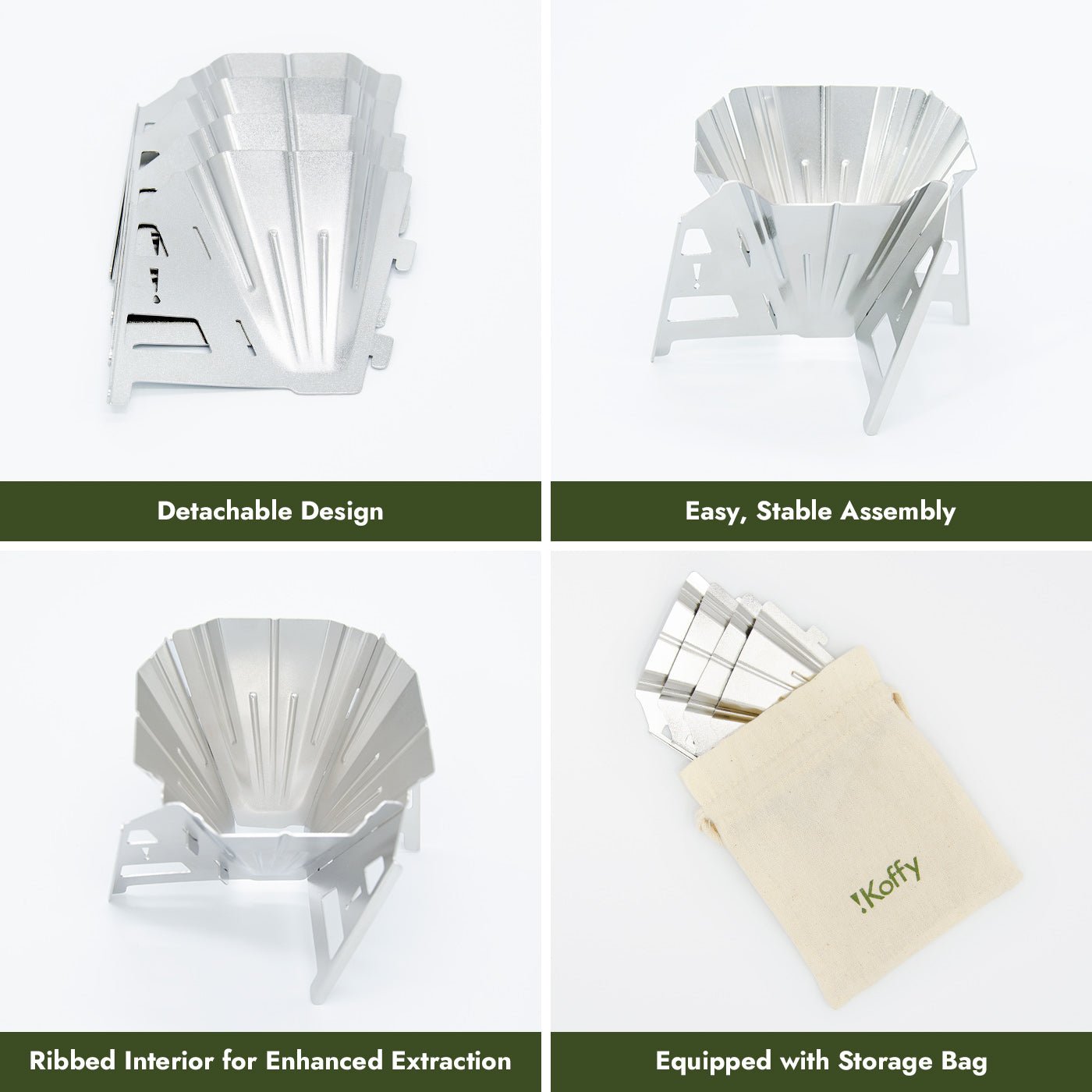 iKoffy Portable collapsible stainless steel coffee dripper with travel pouch, ideal for on-the-go brewing.
