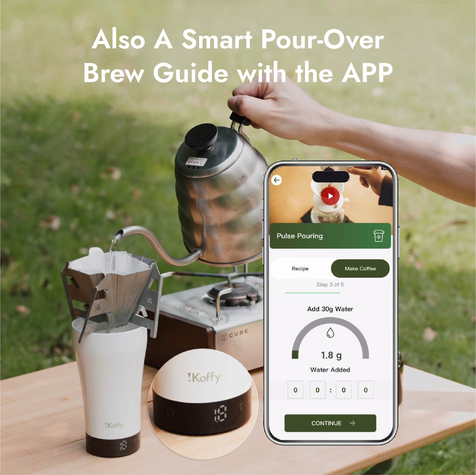 User following a pour-over brewing guide on the iKoffy app using the GoBrew portable coffee brewer