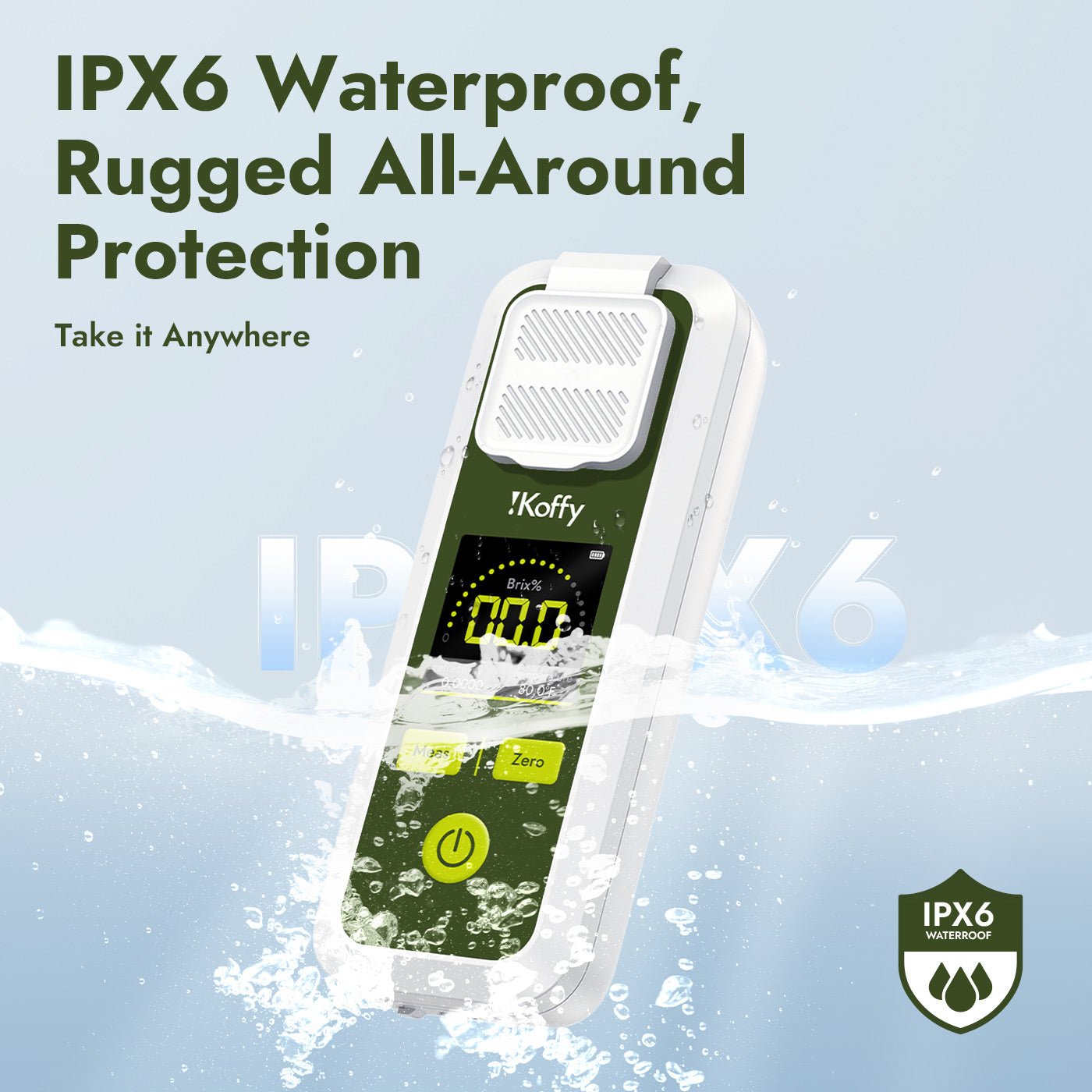 Waterproof AI Brix Refractometer with IPX6 rating – splash-resistant design ideal for fruit farms, kitchens, and outdoor juice testing.