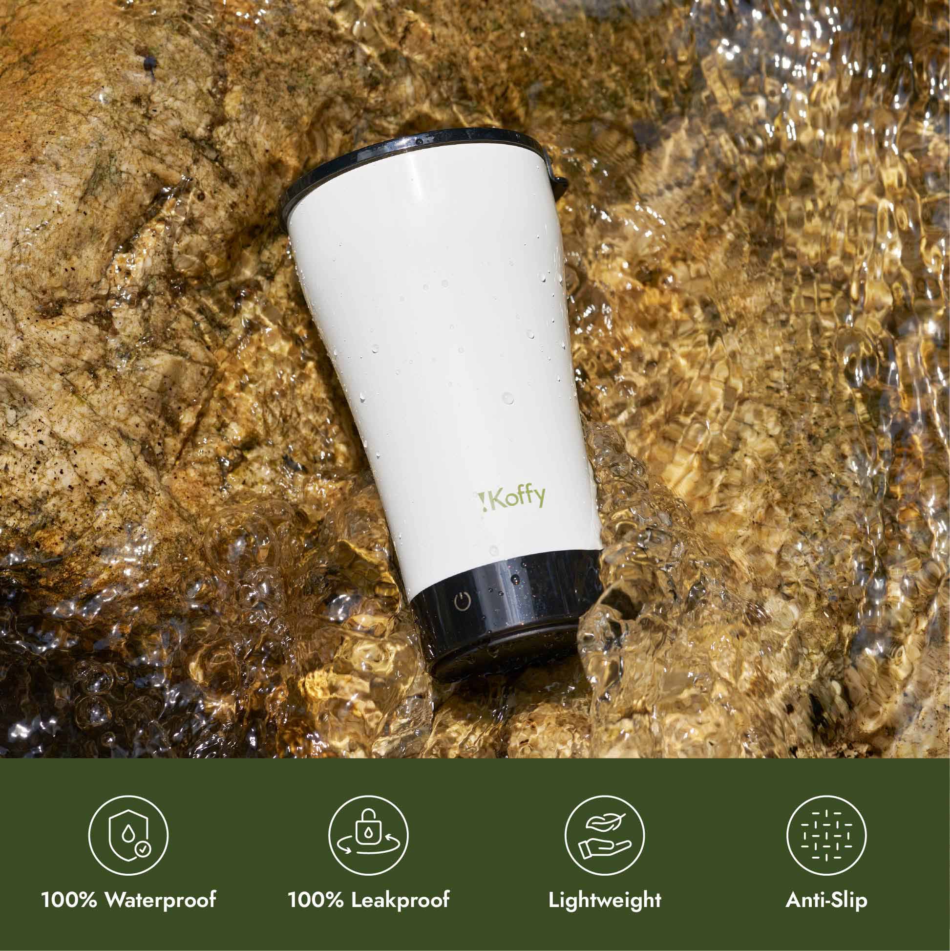 GoBrew portable smart coffee brewing cup showcasing its 100% waterproof and leak-proof design for worry-free brewing.