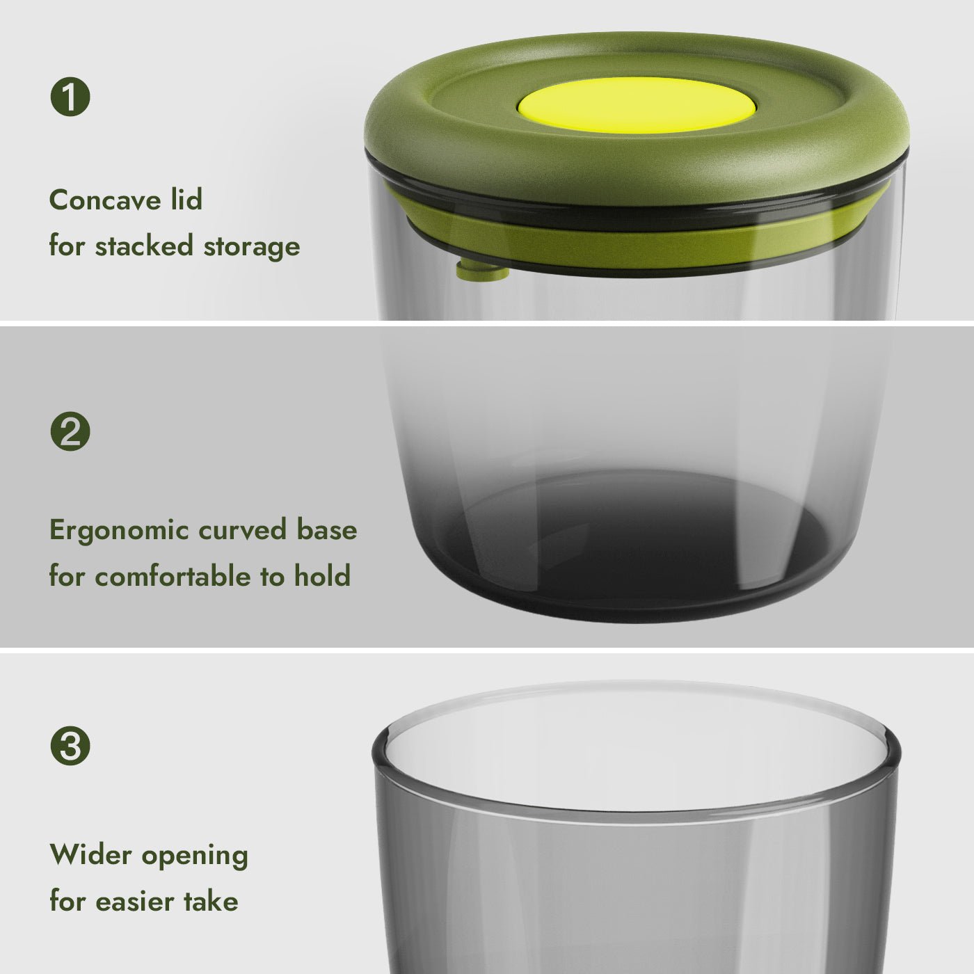 iKoffy Coffee Canister Set with a concave lid for stacking, the ergonomic base for grip, and wide opening for easy access.