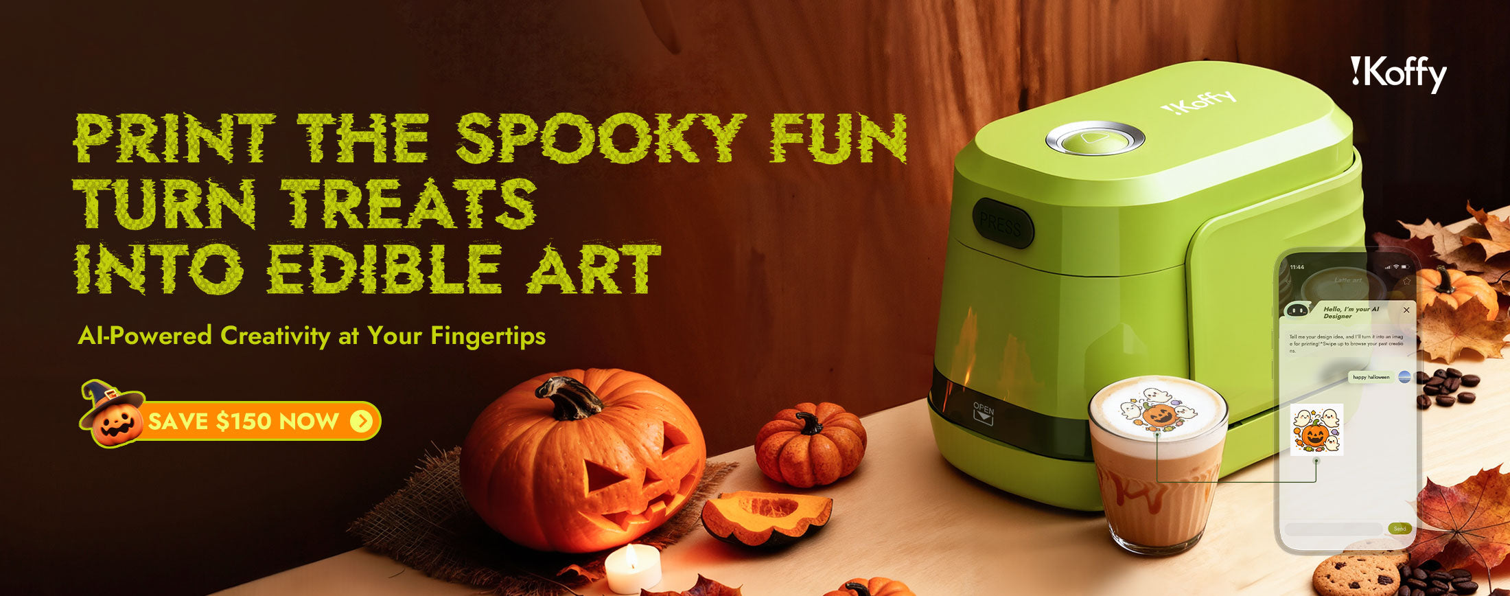 Halloween coffee scene with EdiBot AI Food Printer — Enjoy up to $150 off this festive season.