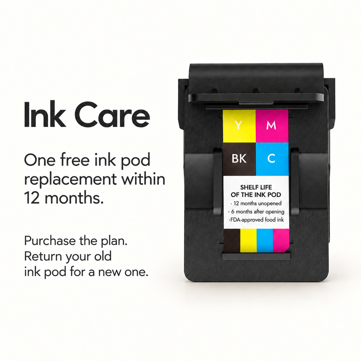 EdiBot Ink Care — one free ink pod replacement within 12 months with plan purchase and return of the old ink pod