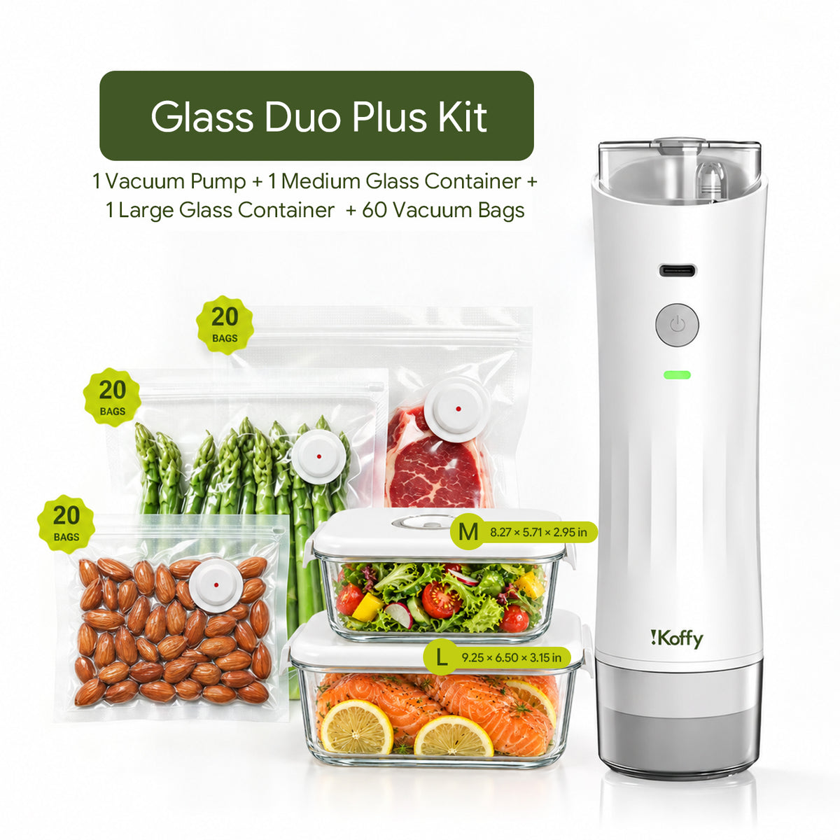 Glass Duo Plus Kit: one HydroSeal vacuum pump, two glass containers and 60 vacuum bags