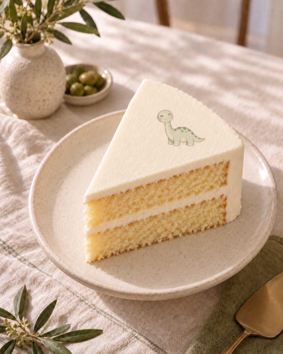 AI-generated concept of a small dinosaur print on a triangular slice of cake.