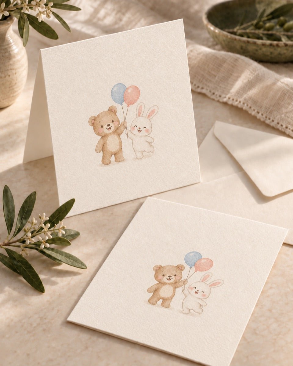 AI-generated concept of a cartoon bear and bunny with balloons printed on greeting cards.