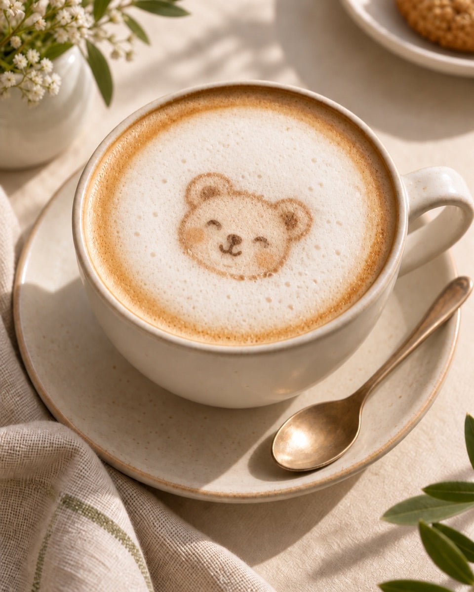 AI-generated concept of a cartoon teddy-bear edible print on cappuccino foam.