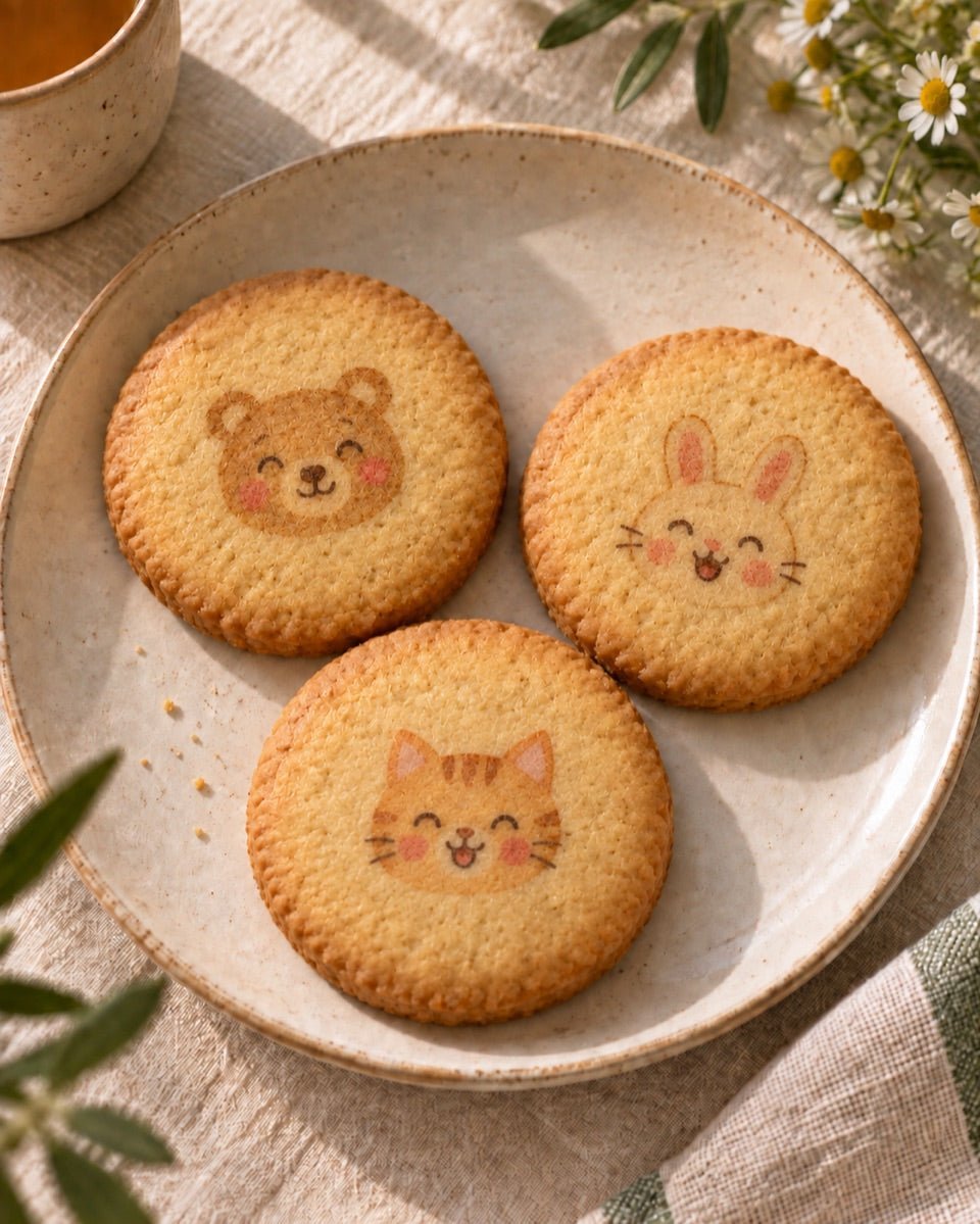 AI-generated concept of small cartoon animal prints directly on plain golden butter biscuits.