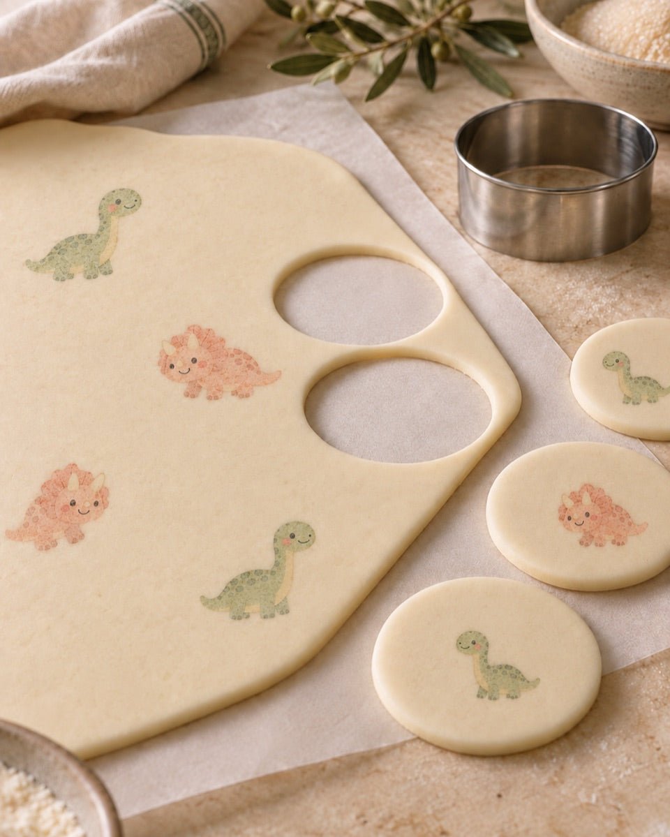 AI-generated concept of friendly baby dinosaur prints on fondant sheets and rounds.