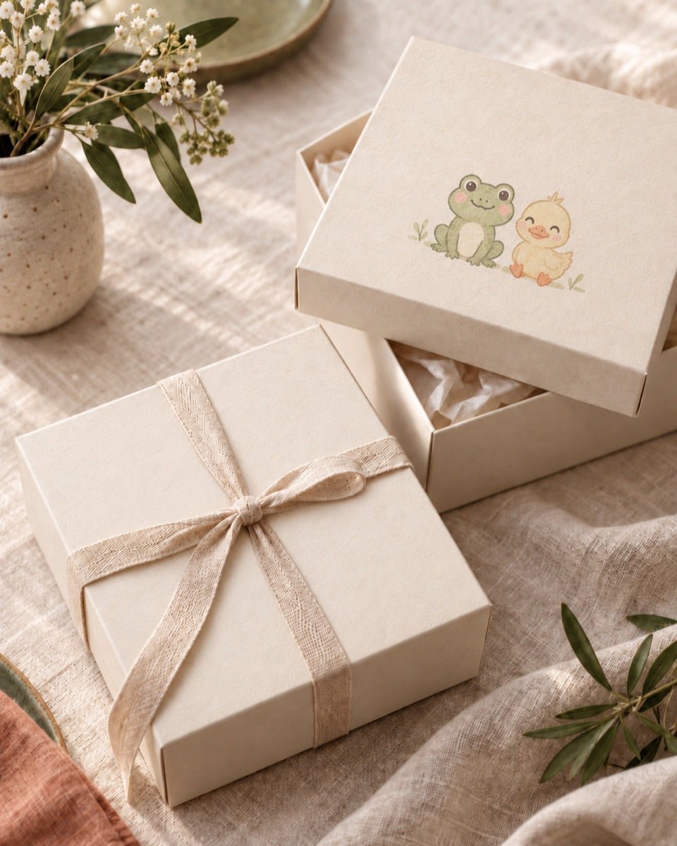 AI-generated concept of a cartoon frog and duckling printed on matte gift boxes.