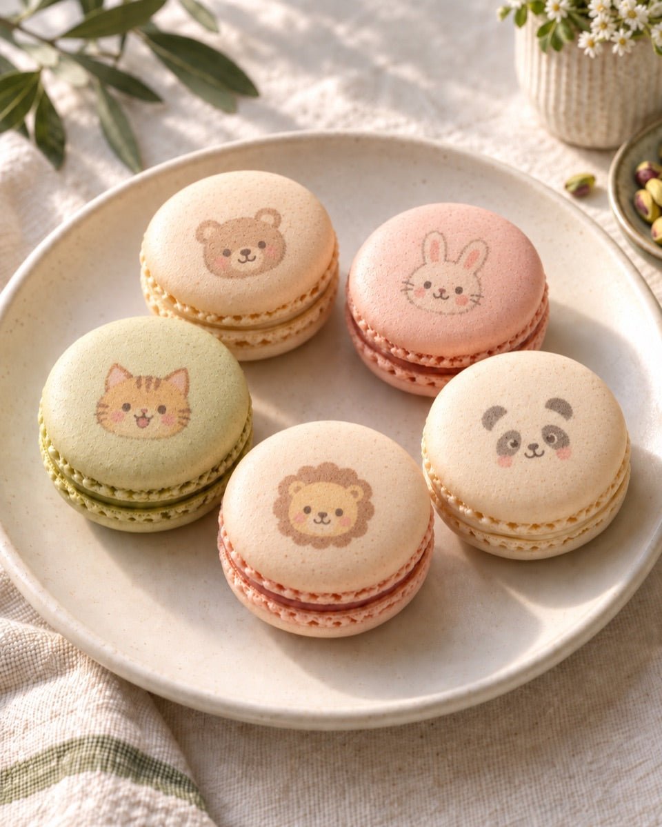 AI-generated concept of friendly cartoon animal faces printed on macarons.