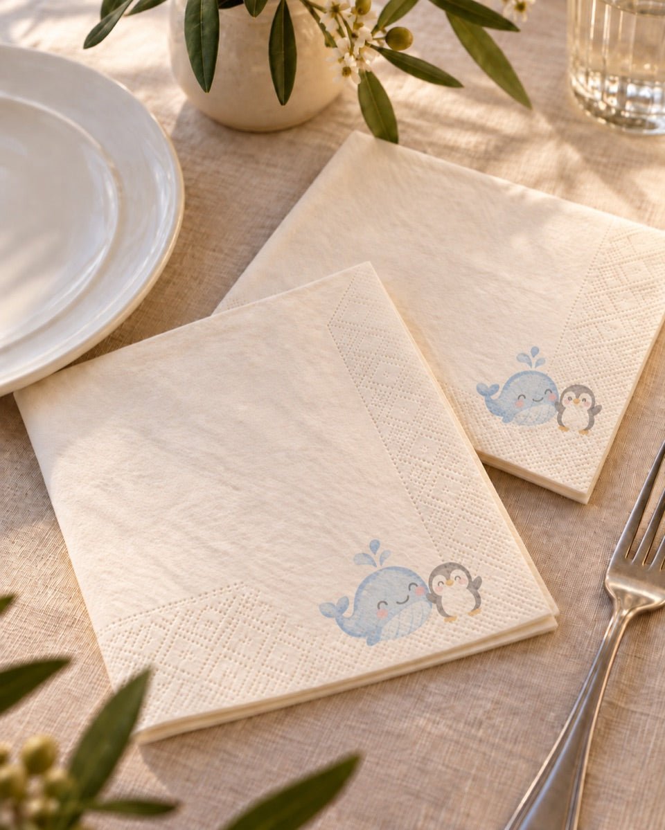 AI-generated concept of a cartoon whale and penguin printed on paper napkins.