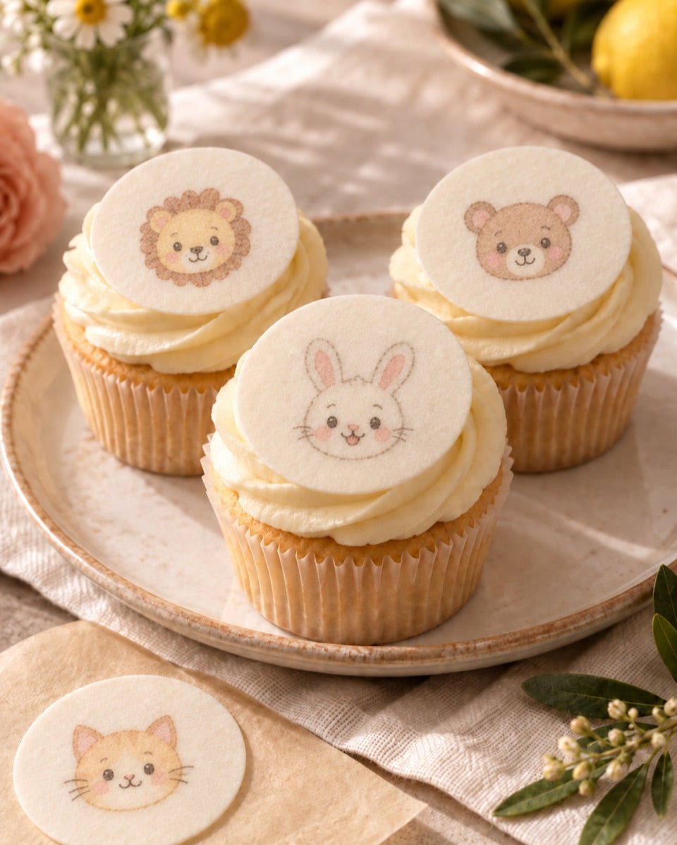 AI-generated concept of cartoon animal faces printed on edible cupcake toppers.