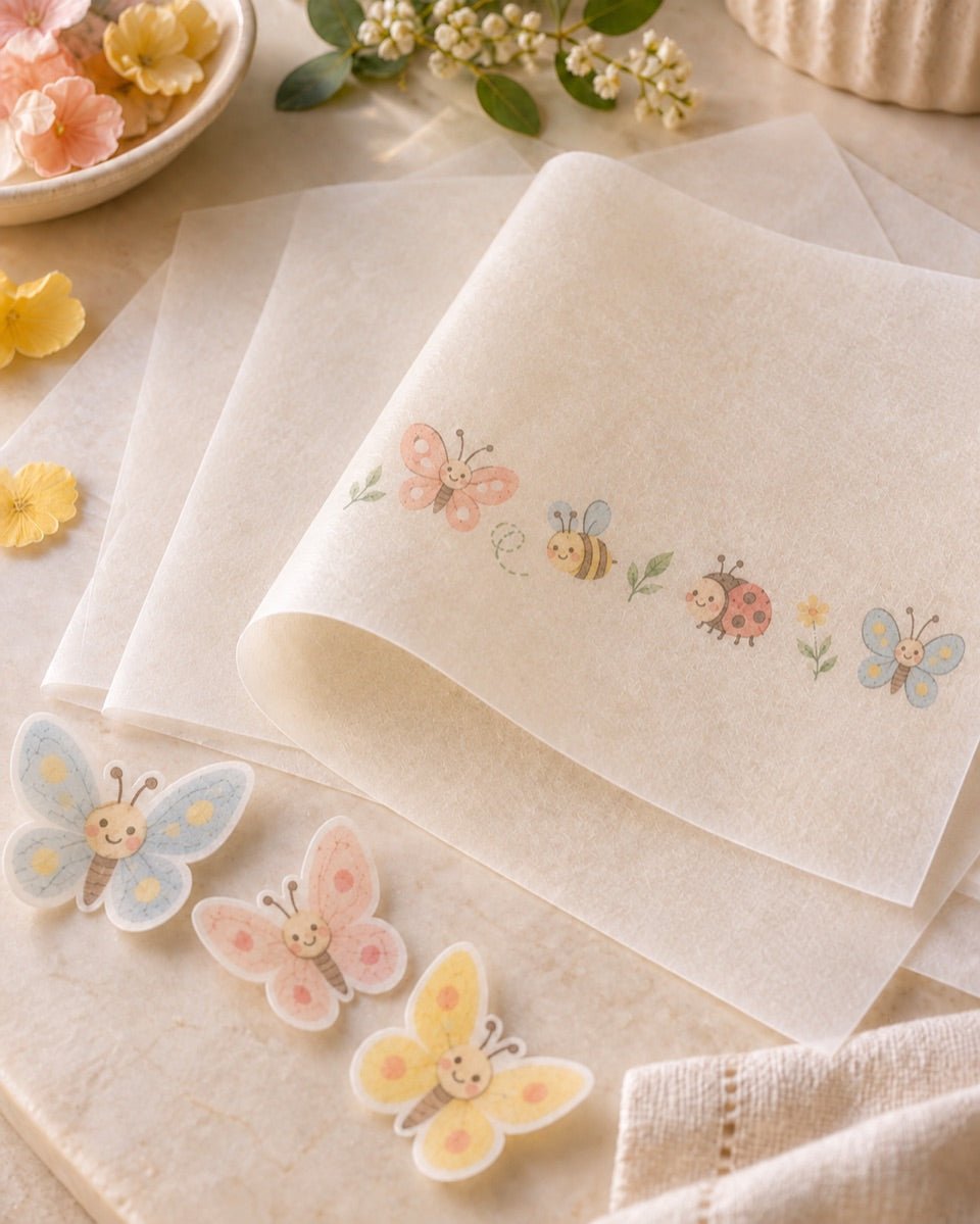 AI-generated concept of cartoon butterflies, bees and ladybugs printed on wafer paper.