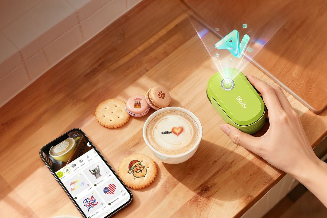 EdiBot AI food printer creating custom designs on coffee, cakes, and cookies, showcasing multiple edible surfaces for creative printing.