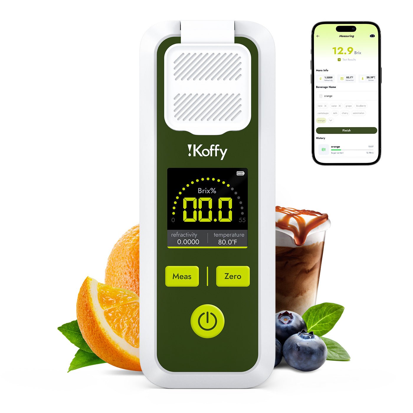 Smart sugar tester by iKoffy with fruits, juice, and coffee – ideal for healthy home use, app screen shows sugar level analysis.
