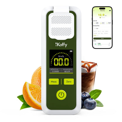Smart sugar tester by iKoffy with fruits, juice, and coffee – ideal for healthy home use, app screen shows sugar level analysis.