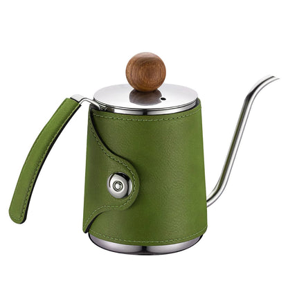 iKoffy stainless steel coffee kettle in Meadow Green with premium leather sleeve.