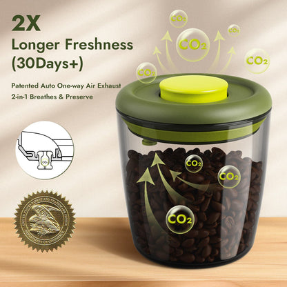 iKoffy FreshGuard Coffee Canister with patented one-way air exhaust valve expelling CO2, demonstrating the 2-in-1 breath & preserve technology.