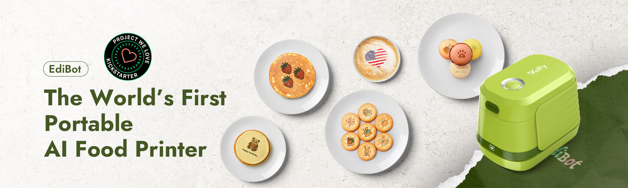 Just funded: iKoffy EdiBot AI food printer now on Kickstarter – print edible designs on coffee, desserts, and more.