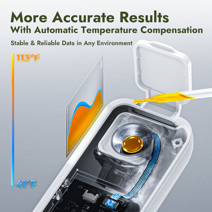 iKoffy Brix Refractometer with built-in ATC function ensuring accurate sugar readings across temperatures from 5–45°C (41–113°F).