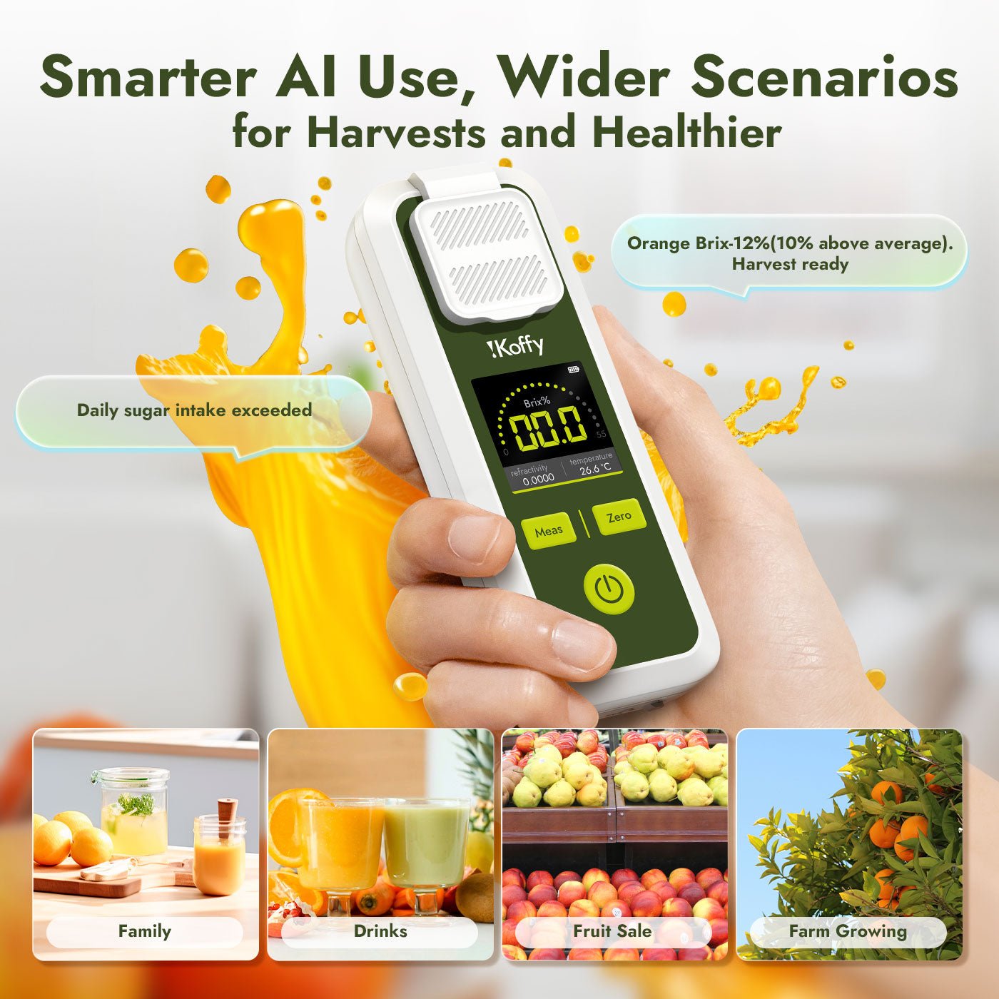 Versatile AI Brix meter used in home kitchens, fruit farms, juice quality control, and fresh produce retail environments.