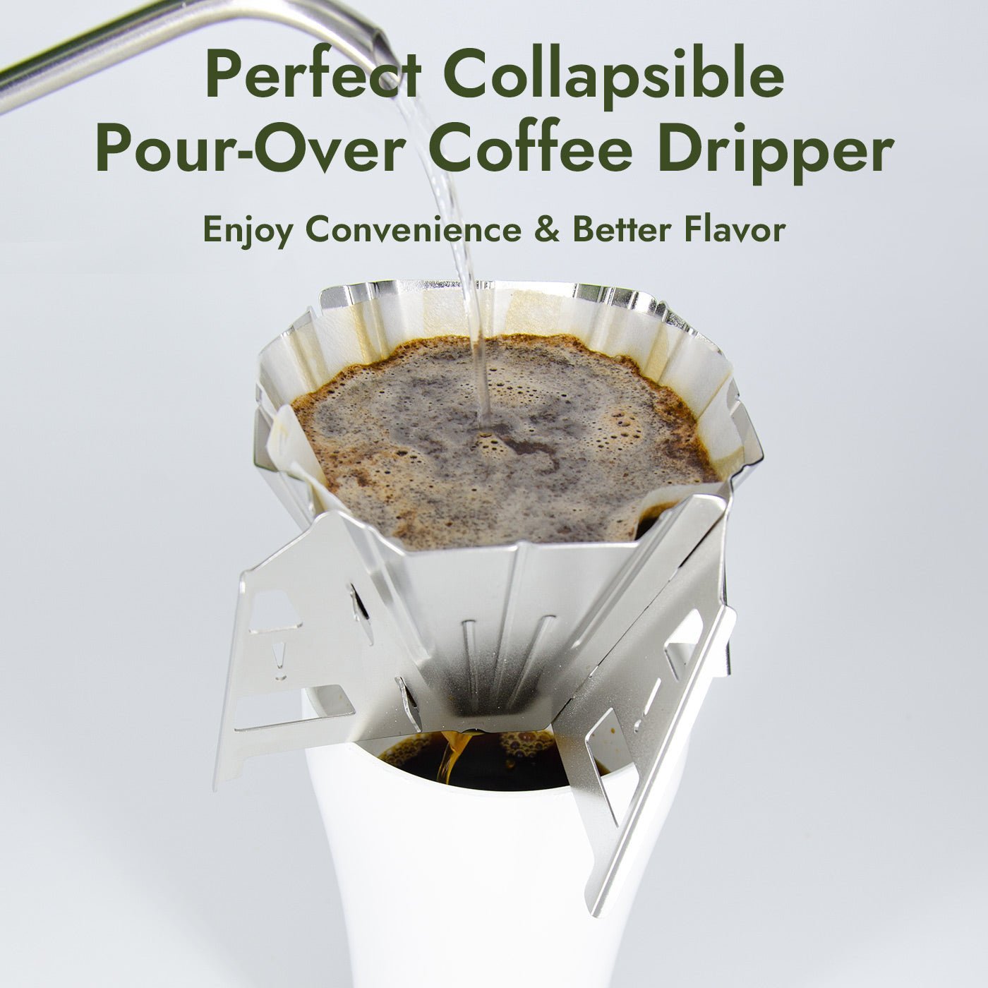 iKoffy collapsible stainless steel coffee dripper showcasing its high-flow, low-bypass design for precise brewing control.