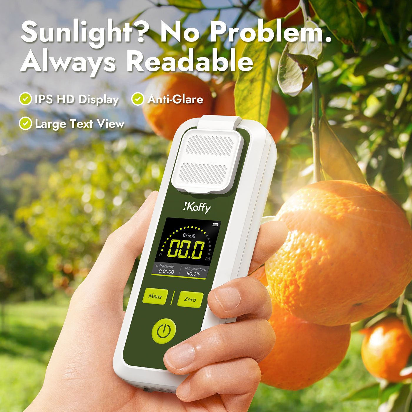 iKoffy AI Brix Refractometer featuring IPS display for high visibility in bright daylight – ideal for use in orchards and outdoor fields.