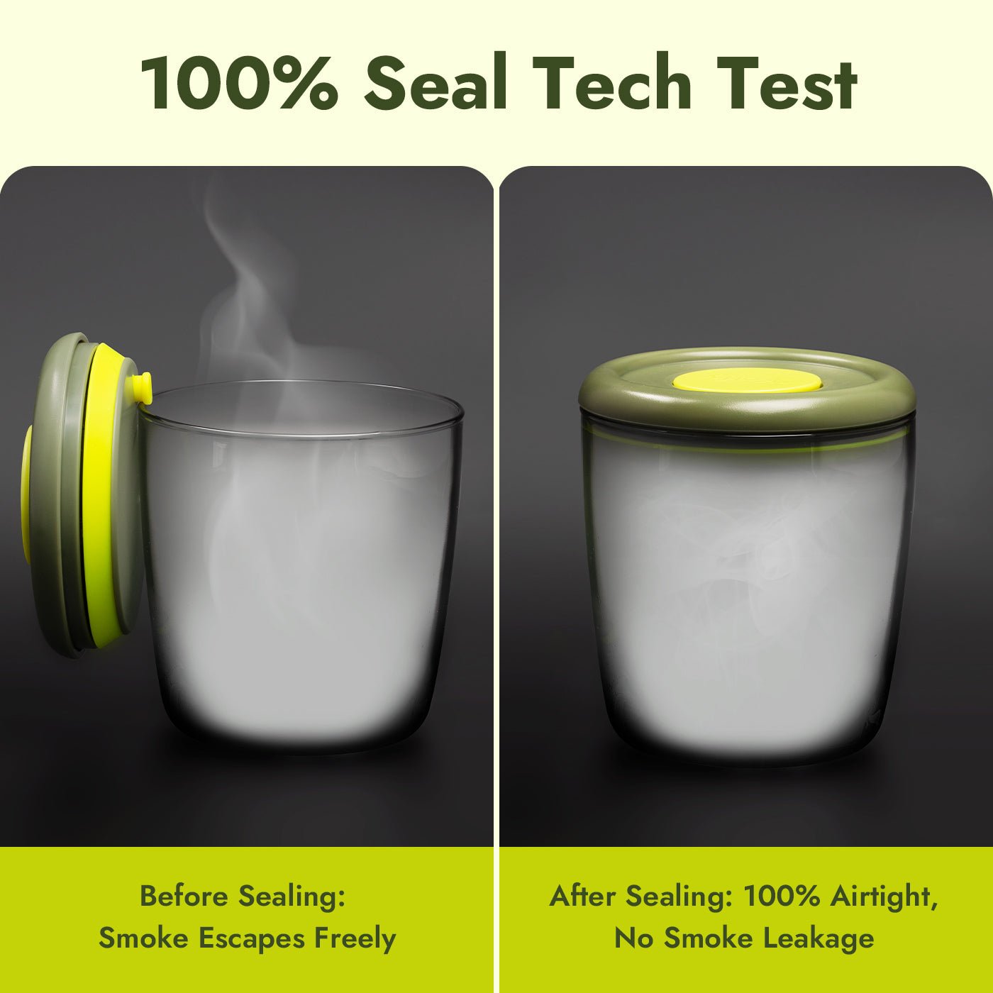 iKoffy FreshGuard Coffee Canister - 100% airtight seal test showing smoke trapped inside after sealing, no leakage. Demonstrating superior sealing technology for ultimate freshness preservation.