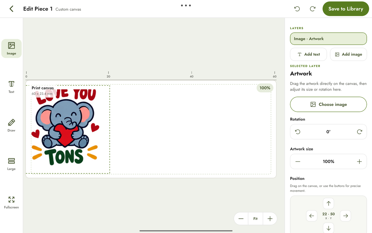 HomeSpark Blank Canvas editor with elephant artwork, layers, text and image editing tools.