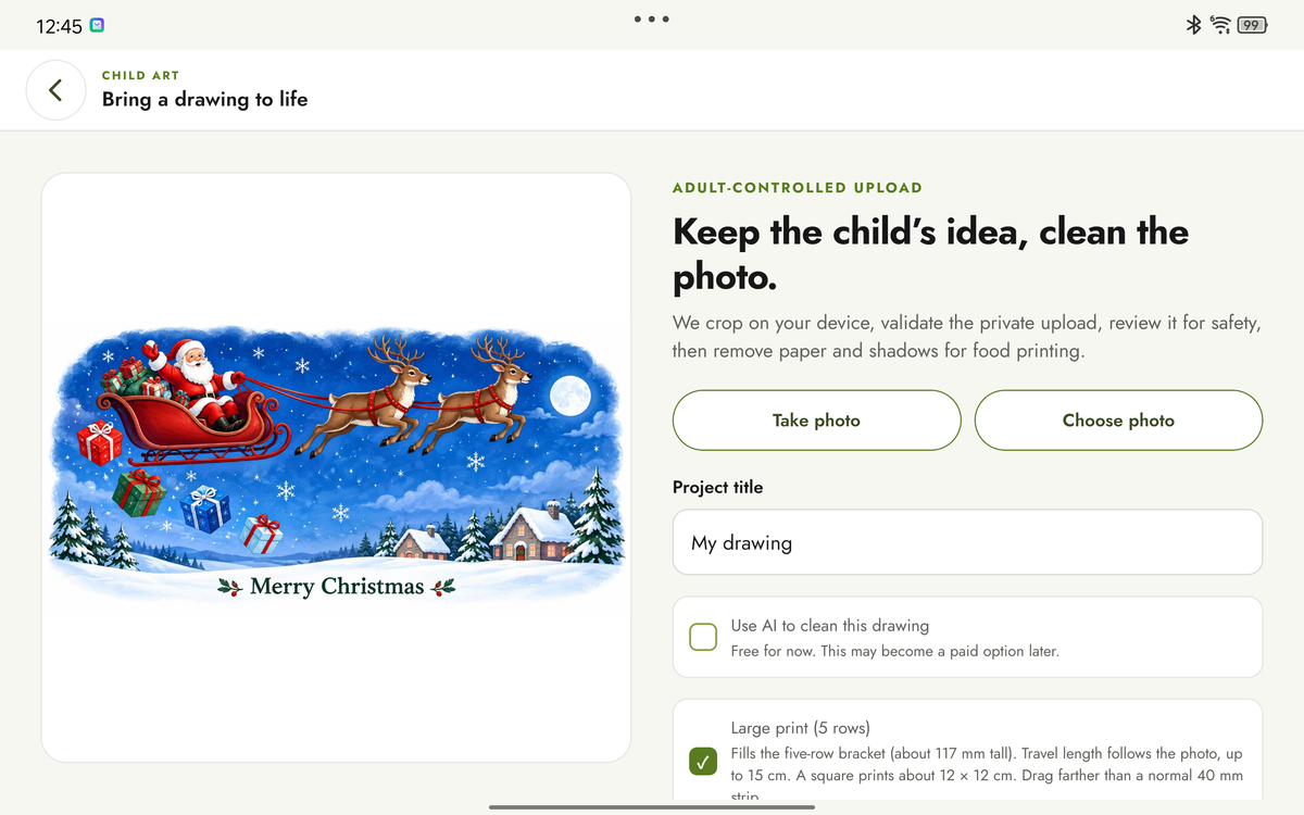 HomeSpark Snap Drawing screen with Christmas artwork, photo upload and optional drawing cleanup.