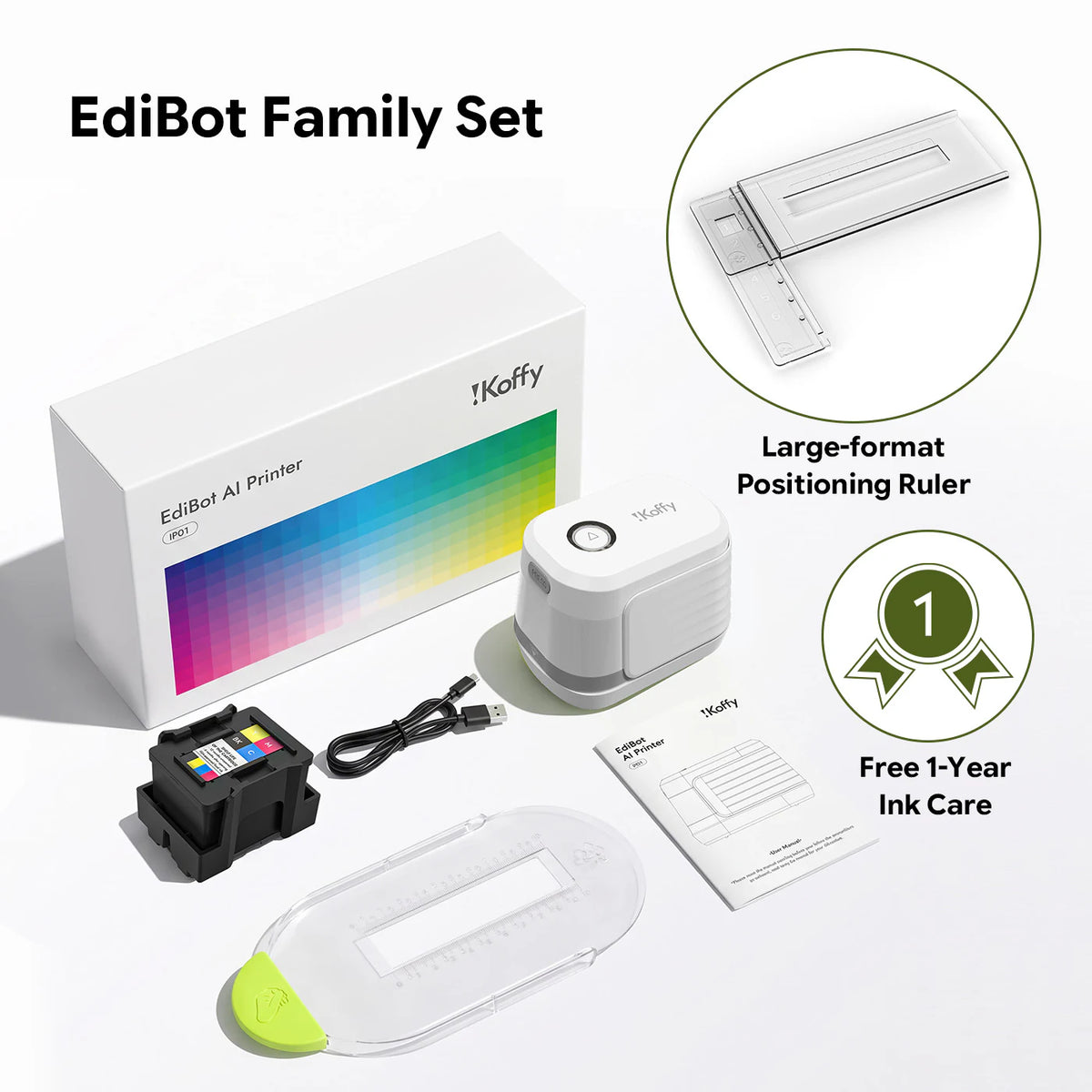 iKoffy EdiBot Family Set in white with packaging and accessories
