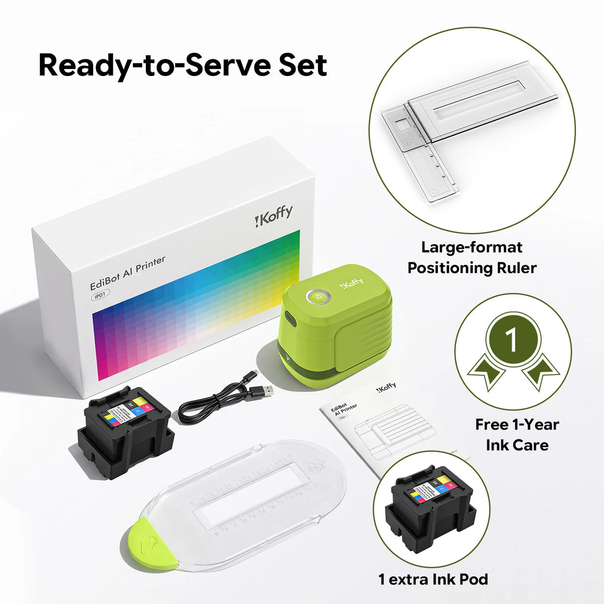 iKoffy EdiBot Ready-to-Serve Set in green with packaging and accessories