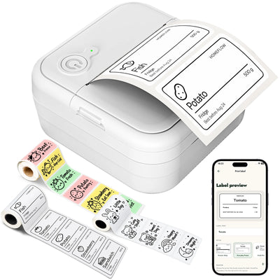Angled view of the FreshTag label printer with fish and potato labels, label rolls and the HomeFlow app.