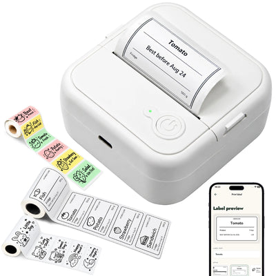 Top view of the FreshTag food label printer printing a tomato label, with label rolls and a HomeFlow app preview.