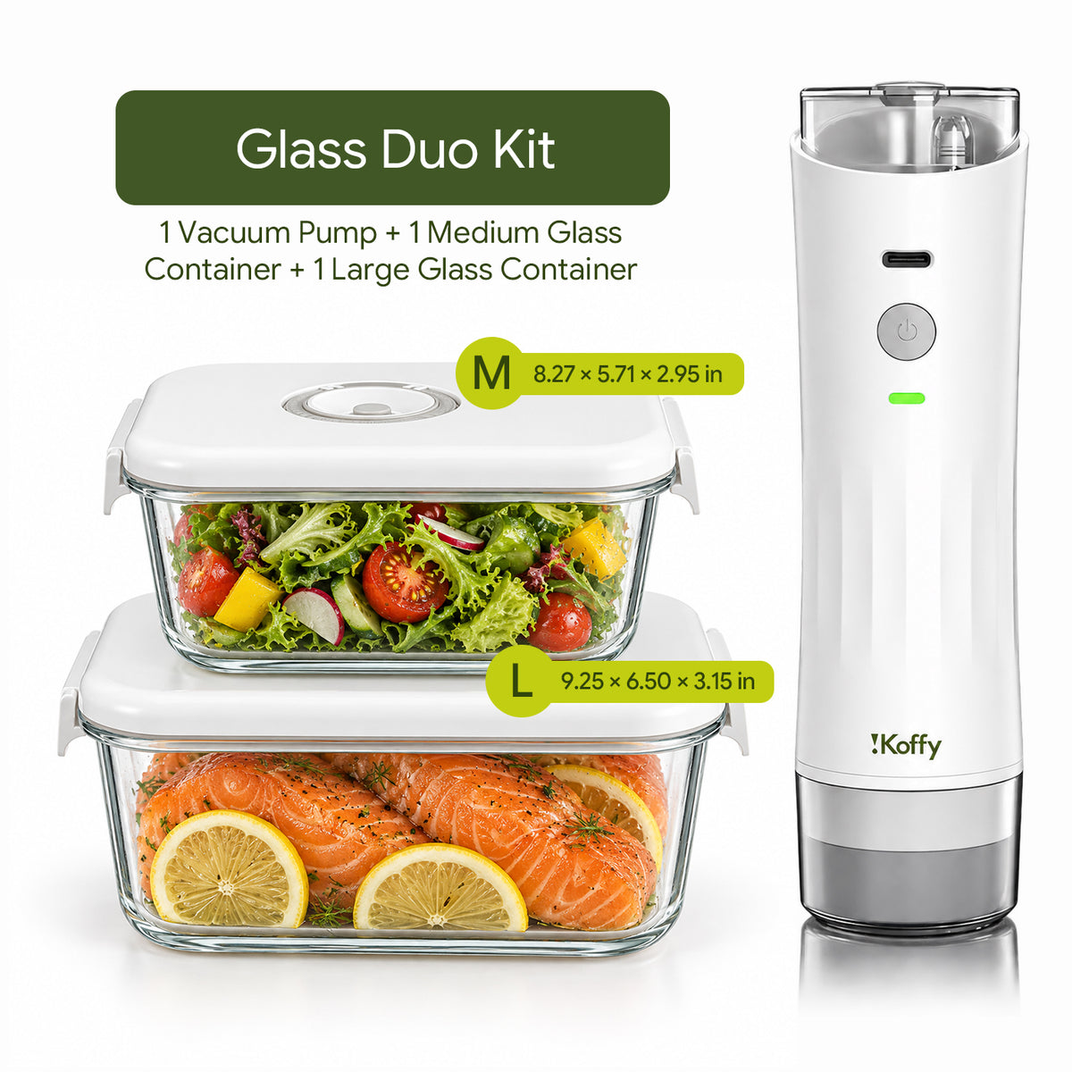 Glass Duo Kit: one HydroSeal vacuum pump, one 1040mL and one 1480mL glass container