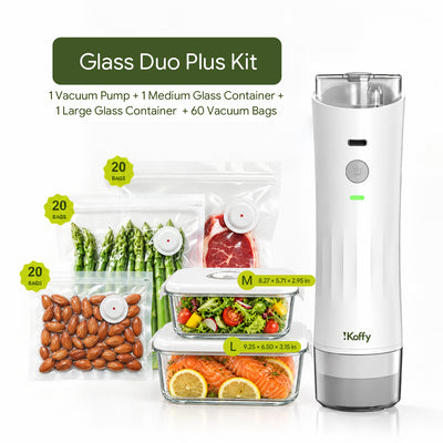 Glass Duo Plus Kit: one HydroSeal vacuum pump, two glass containers and 60 vacuum bags