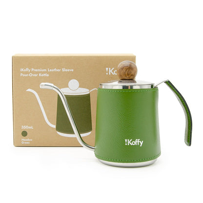 iKoffy best pour over coffee kettle​ in Meadow Green with premium leather sleeve, displayed with eco-friendly packaging.