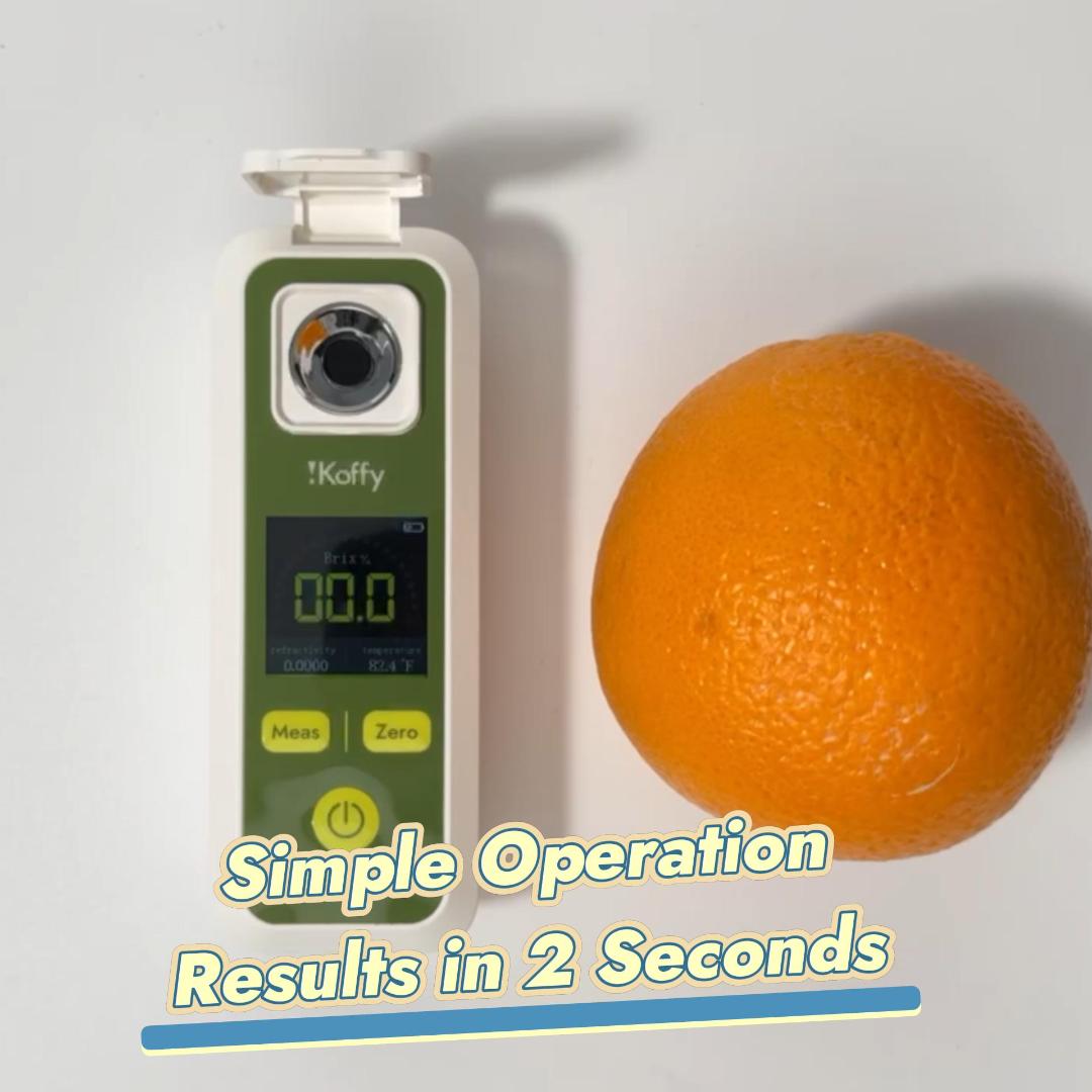 Step-by-step demo: iKoffy Brix meter zeroed with water, tests liquid sugar level, synced to app with AI analysis.