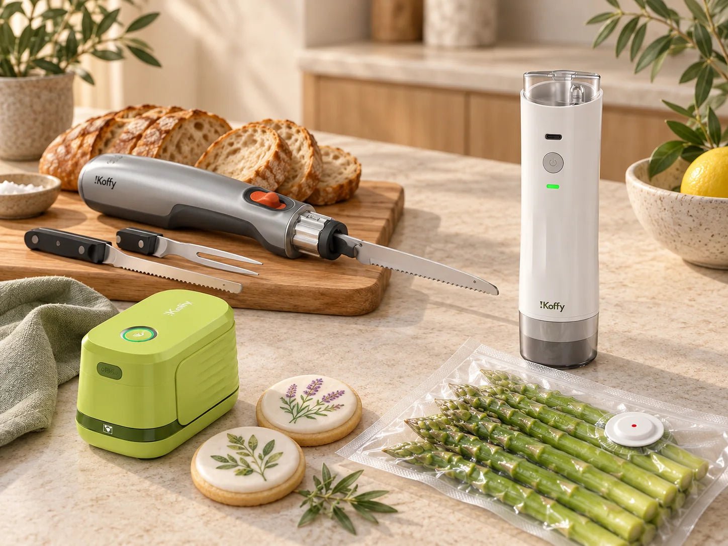 AI-created kitchen scene featuring EdiBot, HydroSeal and SliceMaster