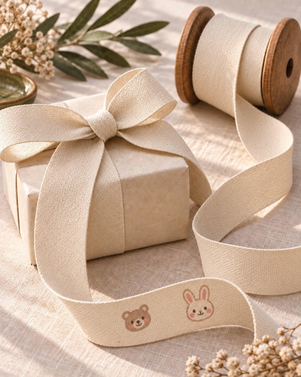 AI-generated concept of small cartoon bear and bunny prints on cotton ribbon.