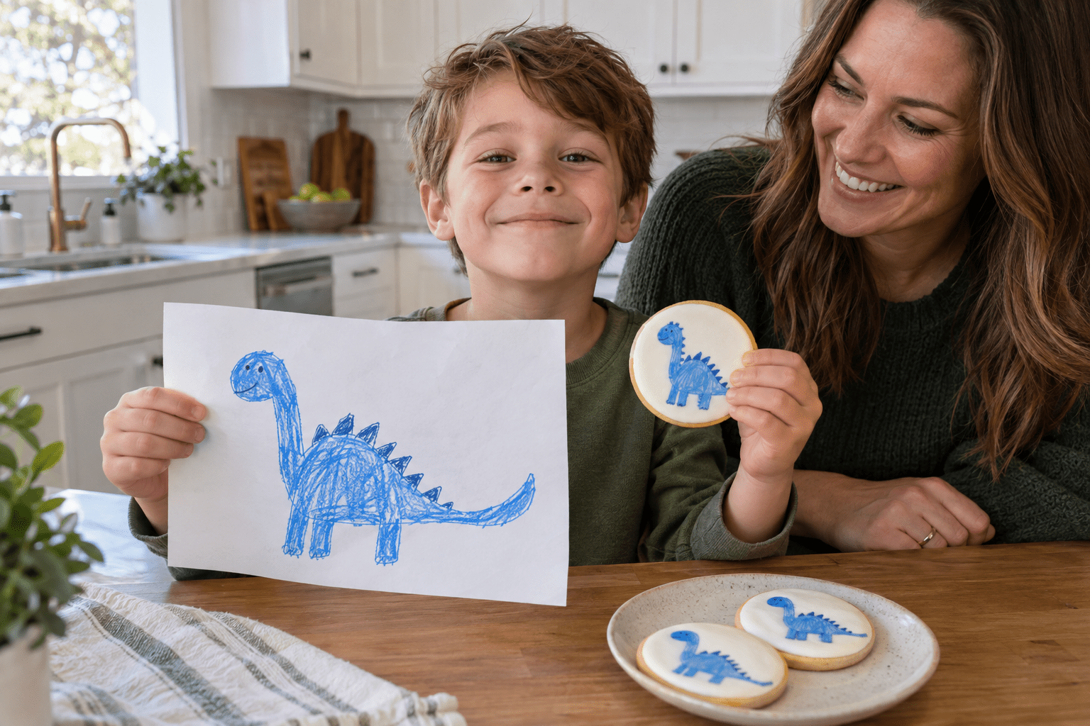 A child shares a dinosaur drawing and a matching cookie with his mother